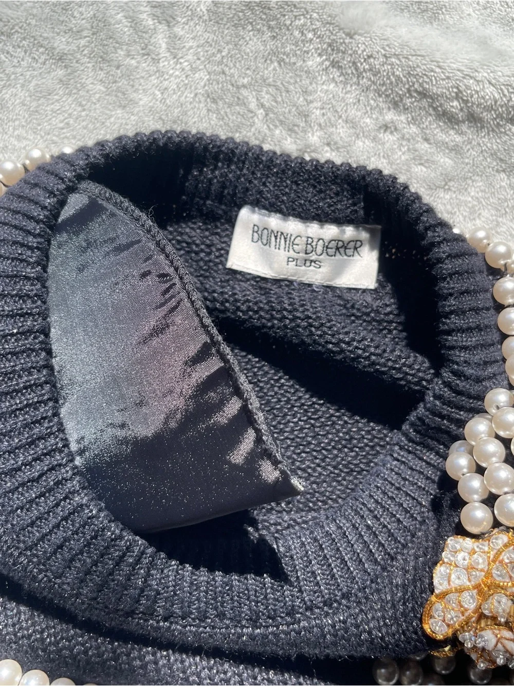 Bonnie Boerer Vintage 1980s Lurex Blue knit sweater trompe-l’œil necklace design